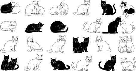 Black and White Line Art Cats Seamless Pattern, Cute Feline Animals Collection, Vector Illustration, Pet Lovers, Nursery Decor, Textile Print