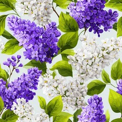 Seamless Pattern of Purple and White Lilac Flowers with Green Leaves