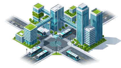 Obraz premium Modern cityscape with sleek skyscrapers and self-driving buses on streets