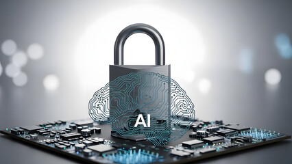 AI cybersecurity concept with padlock and neural circuit brain on motherboard, data protection and privacy