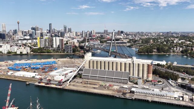 Grain silo elevator storage at Balmain Sydney city marine harbour aerial panorama.