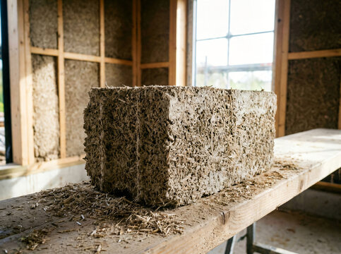 
Sustainable hempcrete building block made of hemp fibers and lime sitting on wooden scaffold at construction site