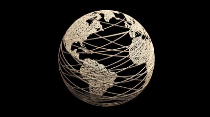 A 3D rendered globe constructed from intertwined threads, showcasing continents against a deep black background. The threads suggest global connection