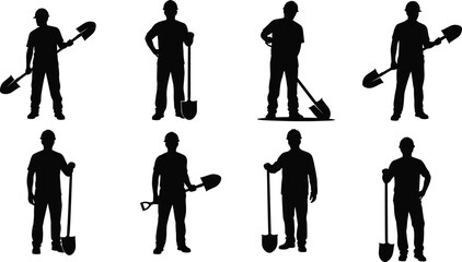 Construction worker silhouettes, shovel poses, manual labor, hard hats, black outline, industrial action, safety posture, site work, digging, teamwork © Nur
