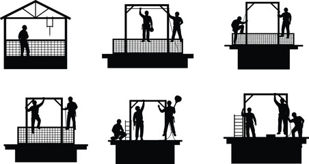 Construction workers silhouette, teamwork on scaffolding, assembling steel framework, industrial site, safety gear, building structure, engineering labor, architectural progress, outdoor work