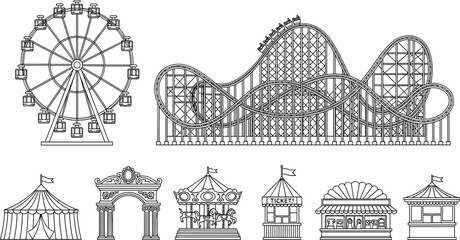 Amusement park attractions line icons set featuring ferris wheel roller coaster carousel circus tent ticket booth vector illustration © Sihab Creatives