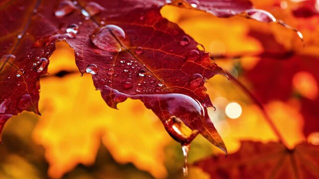 Stunning Autumn Maple Leaf Close Up with Water Droplets Fall Foliage Vibrant Colors Nature Background Stock Video for Seasonal Design and Commercial Use