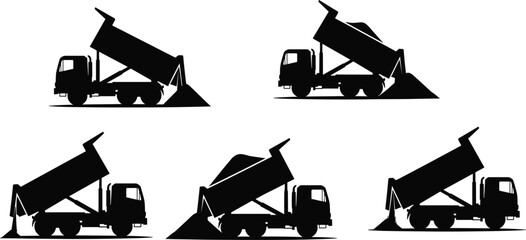 Dump truck silhouettes unloading material, raised beds, side view, construction vehicle, industrial transport, mining, heavy machinery, earthmoving, equipment © Nur
