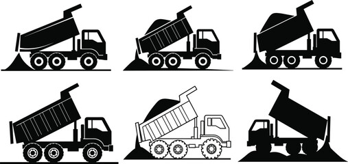 Dump truck silhouettes, unloading soil, construction vehicle, black outline, industrial transport, gravel pile, heavy machinery, site work, dumping action, equipment © Nur