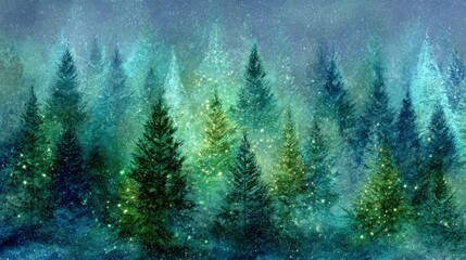 A serene watercolor depiction of a forest of evergreen trees, with a soft, misty background and subtle twinkling lights