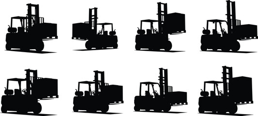 Forklift silhouettes, material handling, logistics equipment, lifting boxes, industrial transport, black outline, warehouse work, cargo movement, machinery, construction © Nur