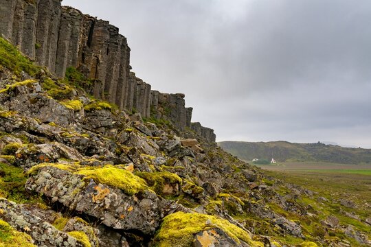 view of the coarse dolerite basalt lava rock columns at the Gerduberg cliffs on the Snaefellsnes Peninsula in western Iceland
