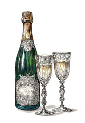 bottle of champagne with two glasses vintage illustration 