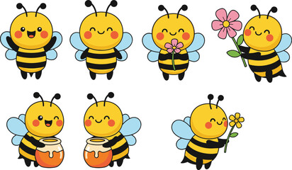 Cute smiling cartoon bee characters set with flowers and honey jar kawaii style illustration for kids design