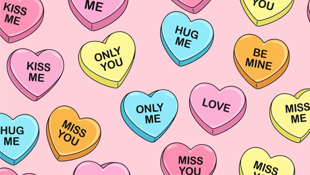 Vibrant seamless pattern of colorful candy hearts with sweet romantic messages on a pastel pink background, perfect for Valentine's Day, love, and affectionate celebrations