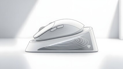 Minimalist white wireless computer mouse resting securely upon its sleek charging dock station illustrating modern peripheral technology and seamless power integration