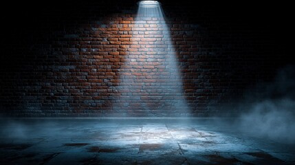 A spotlight illuminates a textured brick wall with a smokey, fog-filled concrete floor, creating a dramatic, mysterious atmosphere