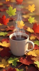 Enjoying a warm drink on a crisp fall day surrounded by colorful leaves.