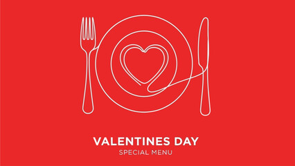Elegant continuous line art of a heart-shaped dinner setting for a Valentine's Day special menu on a vibrant red background, perfect for romantic culinary promotions