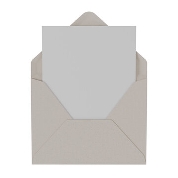3d render open cream paper envelope with blank white card. Minimalist mockup for invitation, wedding, or greeting card