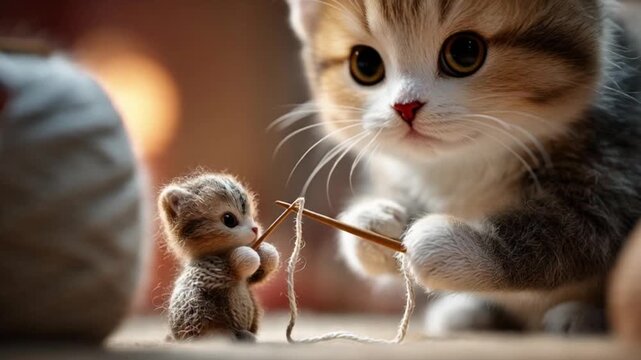 Adorable kittens playing with yarn in cozy indoor setting