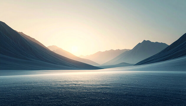 朝の光が差し込む雪原と山並みの静謐な風景