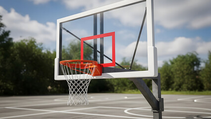 Naklejka premium A basketball hoop on an outdoor court with a cloudy sky