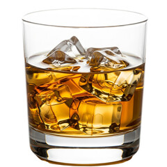 Whiskey on ice in a clear glass cup isolated on a transparent background