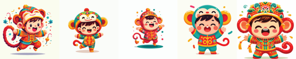 Vector of a child wearing a monkey zodiac costume. Vector, minimalist, illustration, icon set. © Dan