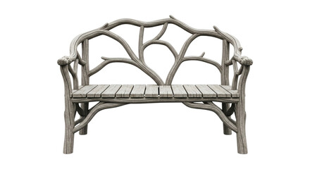 Unique wooden bench with branch design isolated on a transparent background
