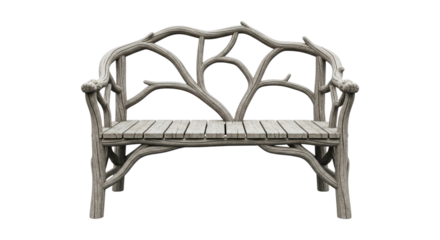 Unique wooden bench with branch design isolated on a transparent background