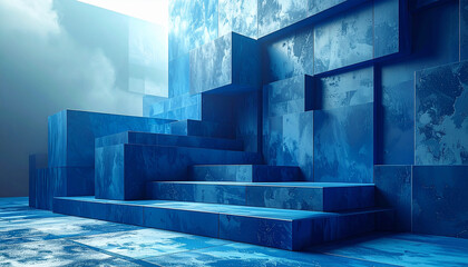 Naklejka premium 青い階段状の立体構造が光に向かう3D抽象空間