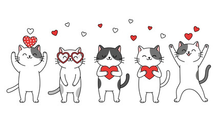 Adorable cartoon cats expressing various emotions of love and joy, surrounded by red hearts, perfect for Valentine's Day or sweet romantic themes
