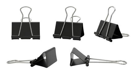 Black binder clips in various positions isolated on a transparent background