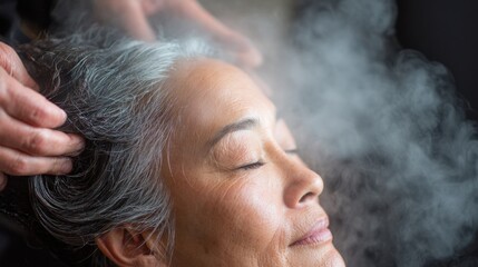 Medium shot of a client receiving thermal hair care with steam and heat application focusing on the rejuvenation process and shiny healthy hair transformation.