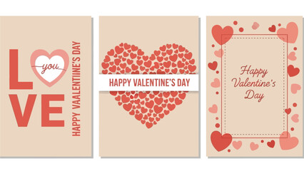 Collection of three elegant flat vector Valentine's Day greeting cards adorned with hearts and romantic typography, perfect for celebrating love and heartfelt connections