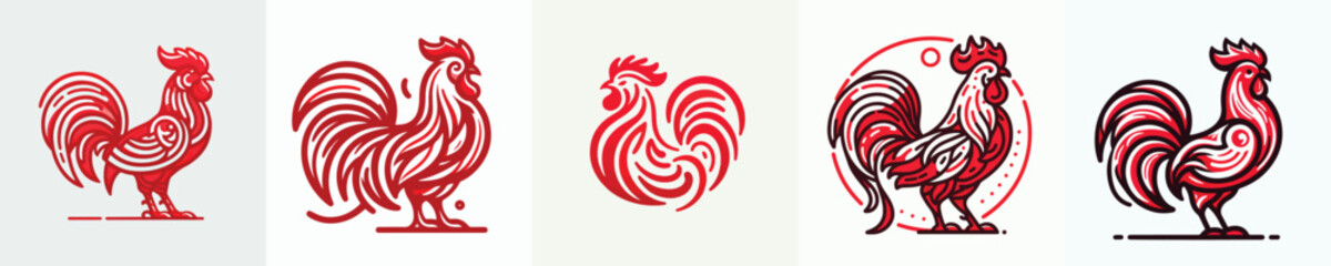 Red outline vector of rooster zodiac sign. Vector, minimalist, illustration, icon set. © Dan