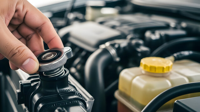 Mechanic Hand Removing Silver Metal Radiator Cap to Check Engine Coolant Level, Close-up of Car Engine Bay Maintenance and Automotive Cooling System Service