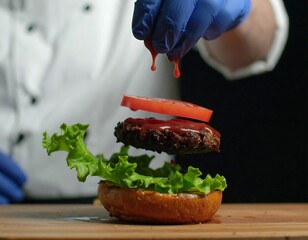 Chef assembling gourmet burger with fresh lettuce and tomato