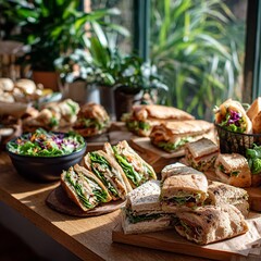 A table full of sandwiches and salads