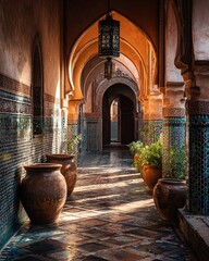 A long hallway with a blue and white tile floor