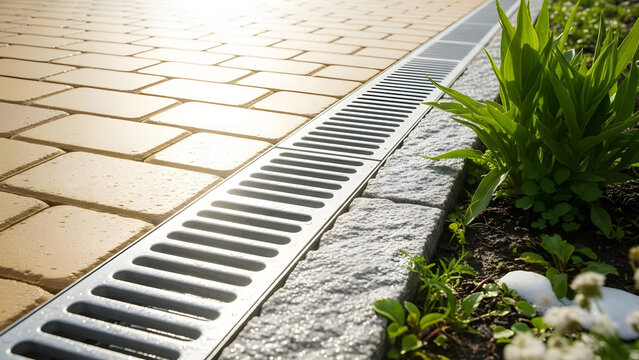 Linear Drainage System on Modern Paved Patio: Metal Drainage Grate for Rainwater Management, Professional Landscaping and Exterior Paving Design with Drainage Solution for Garden and Driveway.