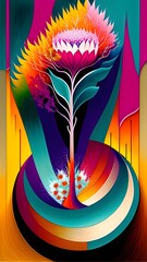 A vibrant flower with a glowing center, surrounded by swirling teal, purple, and orange patterns.