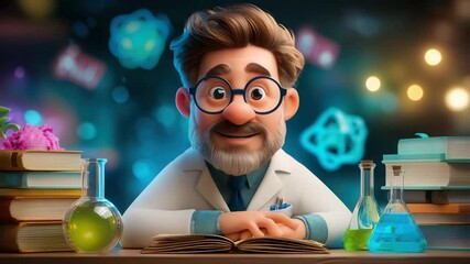 Smiling scientist in lab coat surrounded by books and colorful chemicals - Powered by Adobe