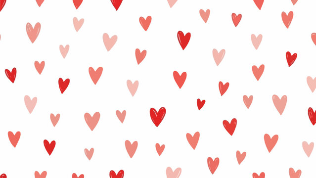 Seamless pattern of small red and pink hearts scattered across a white background, perfect for romantic or celebratory designs
