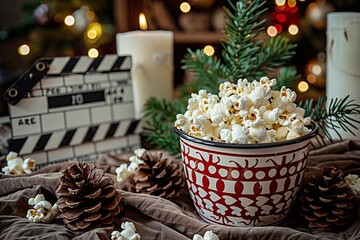 Festive cinema centerpiece with popcorn bucket, pine cones, and holiday clapperboard decor