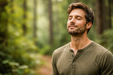 Horizontal portrait of a calm man standing in a green forest with eyes closed, soft natural light, muted earthy tones expressing mindfulness, deep breathing, inner peace, suitable for mental wellness