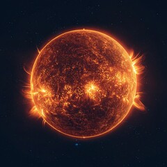 A close up of a red sun with its rays reaching out into the dark sky