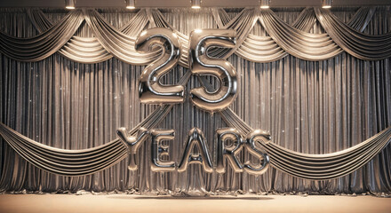 Silver 25 Years Anniversary Balloons on Glittering Backdrop