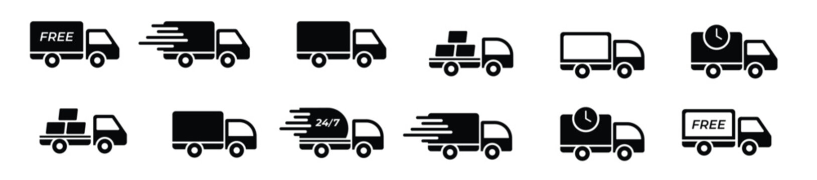  fast shipping delivery truck with packages icon set